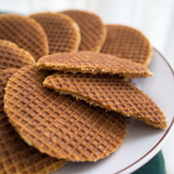 A plate of stroopwafels: thin Dutch waffle cookies filled with caramel syrup